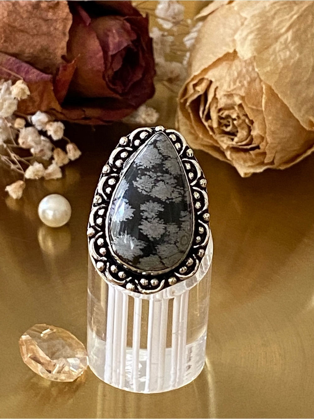 Natural Snowflake Obsidian Hand Crafted Ring Size 7.75